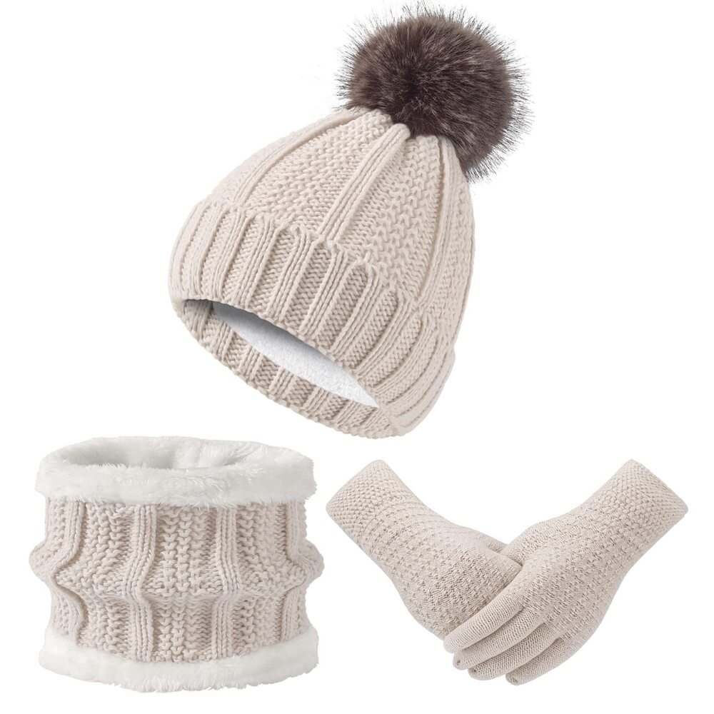 7313 Winter Hat Gloves Scarf Set Beanie Knit Warm Neck Scarves Touchscreen